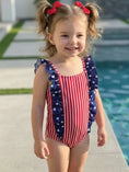 Load image into Gallery viewer, Stars & Stripes Double Ruffle Bow Back Swimsuit