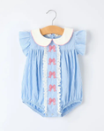 Load image into Gallery viewer, Blue Stripe Petal Peter Pan Collar Bow Romper