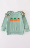 Load image into Gallery viewer, Sage Pumpkin French Knot Ruffle Top