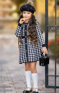 Load image into Gallery viewer, Elegant Houndstooth Gold Trim Button Knit Dress