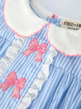 Load image into Gallery viewer, Blue Stripe Petal Peter Pan Collar Bow Romper