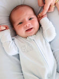 Load image into Gallery viewer, Picot Trim Baby Blue Zipper Footie