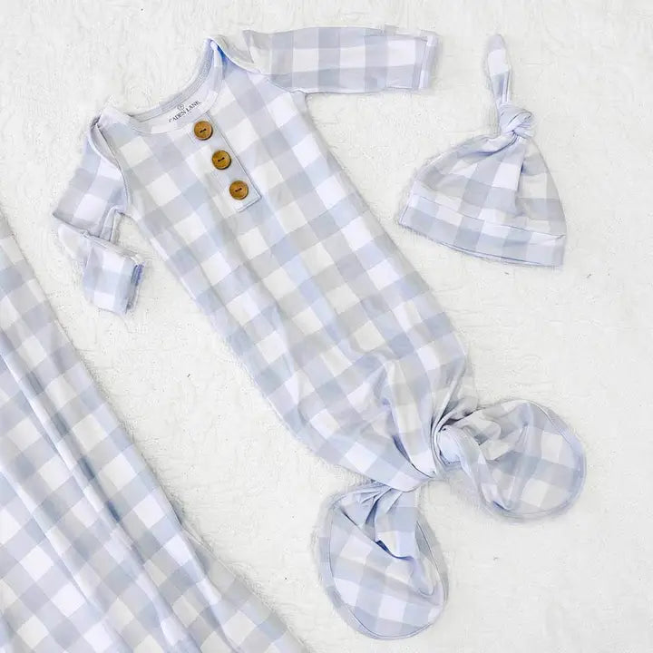Dusty Blue Gingham Newborn Baby Knot Gown & Hat