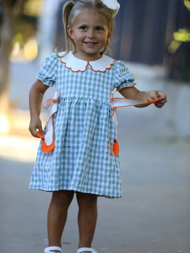 Fall Plaid Pumpkin Smocked Peter Pan Collar Dress