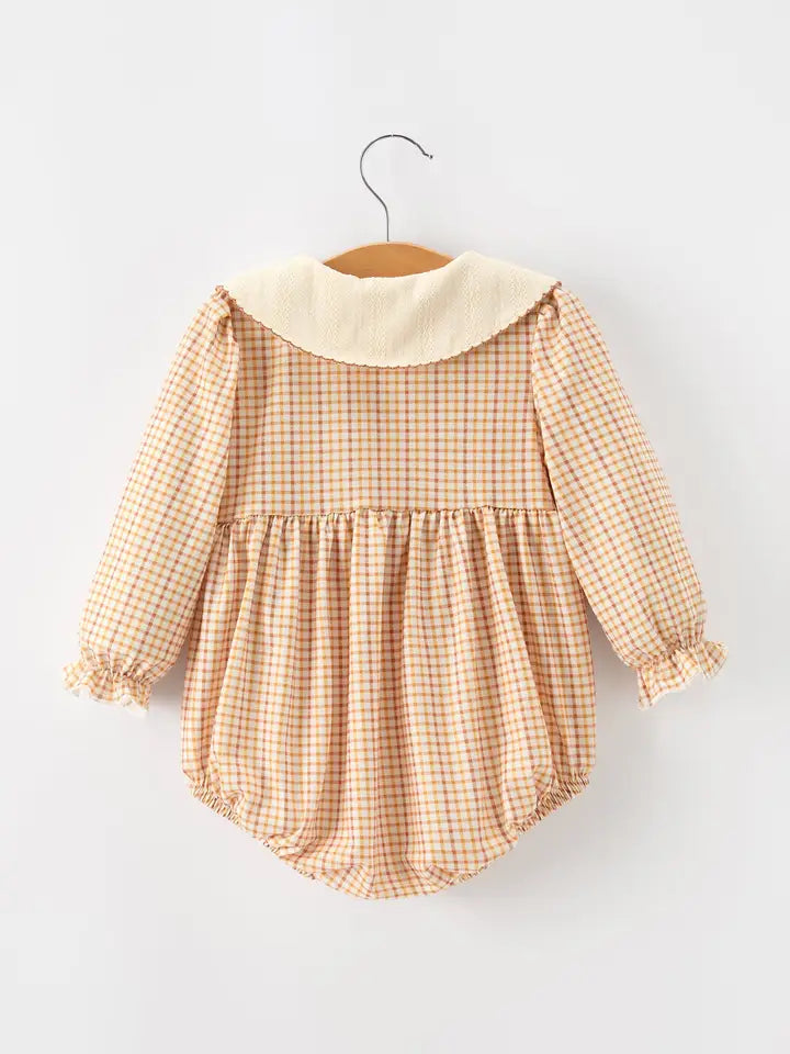 Fall Girls Orange Plaid Floral Collar Bubble Romper