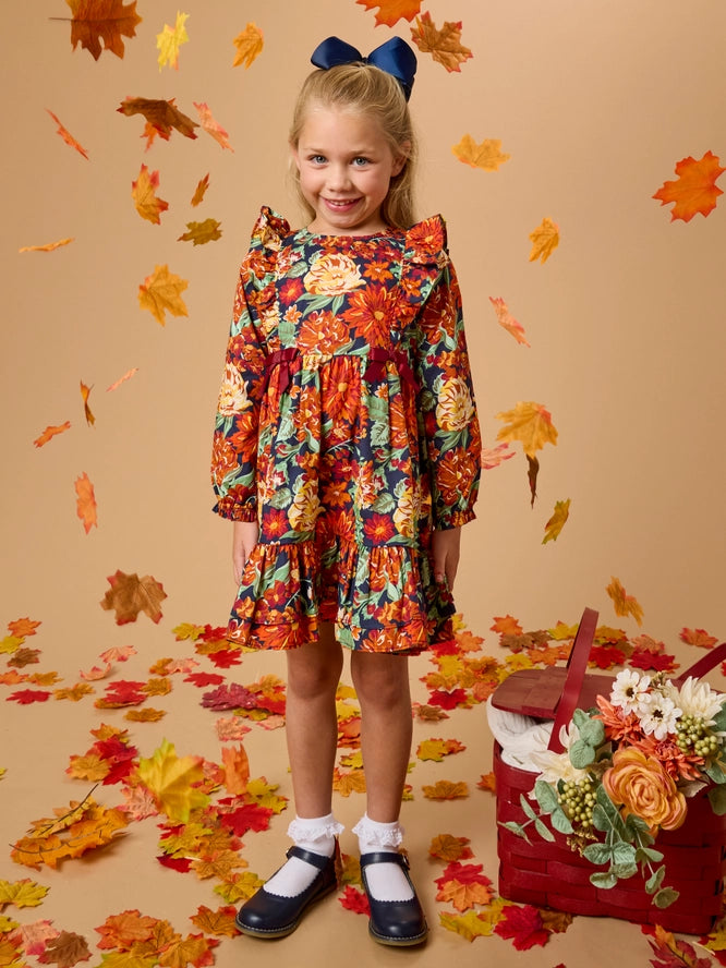 Autumn Blooms Long Sleeve Waterfall Bow Dress