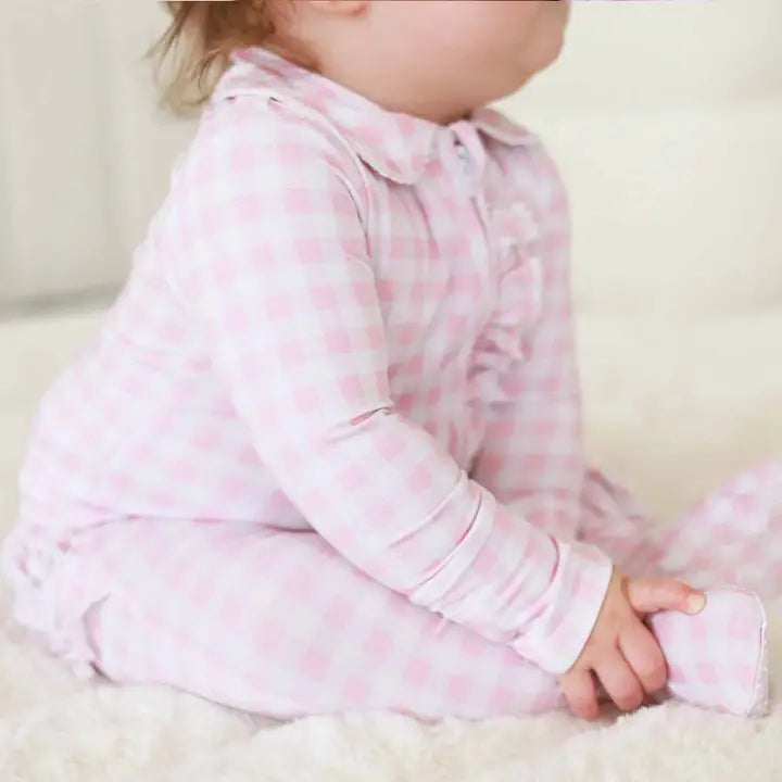 Rosy Gingham Peter Pan Ruffle Zipper Footie