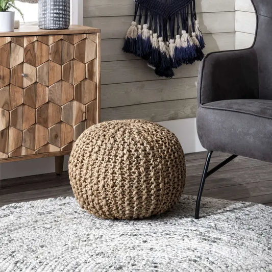 York Classic Knitted Solid Jute Filled Ottoman Pouf 14" H x 20" W x 20" D