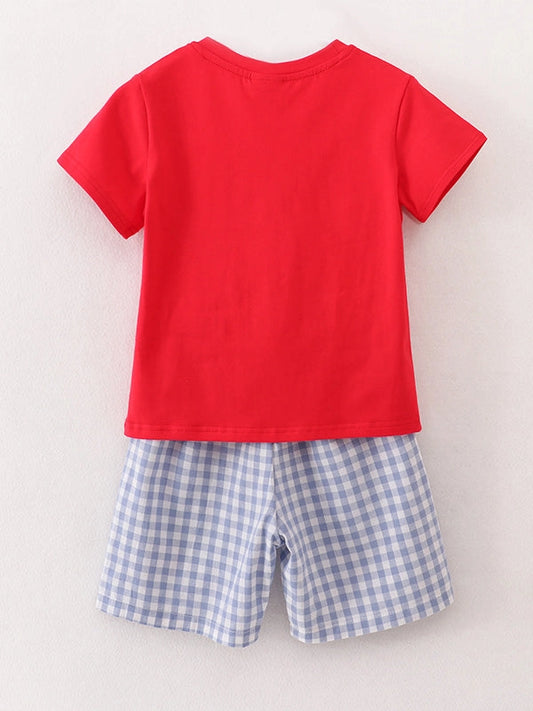 Pencil Apple Applique Plaid Shorts Set