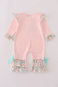 Load image into Gallery viewer, Pink Floral Print Bow Applique Ruffle Romper

