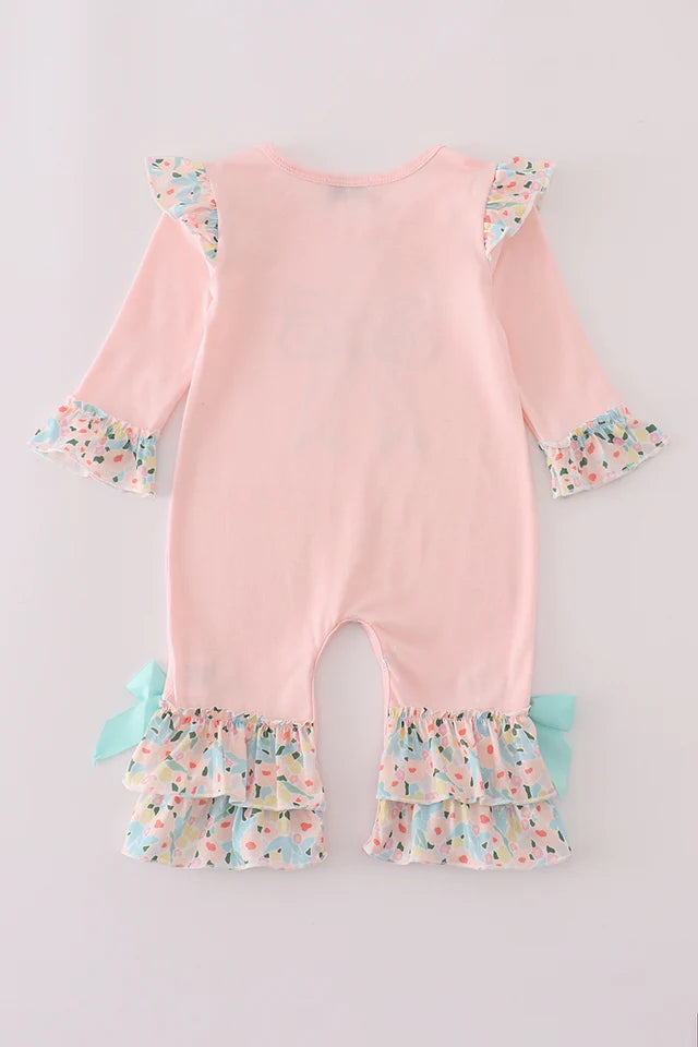 Pink Floral Print Bow Applique Ruffle Romper
