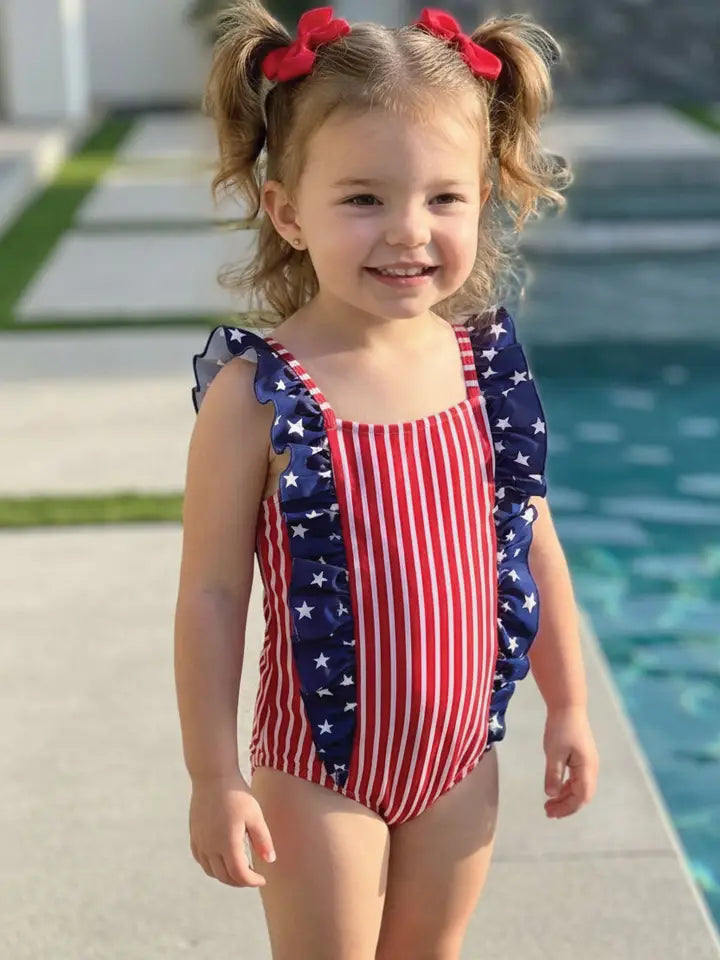 Stars & Stripes Double Ruffle Bow Back Swimsuit