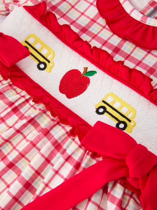 School Bus Embroidery Plaid Girls Set Ruffle Bow