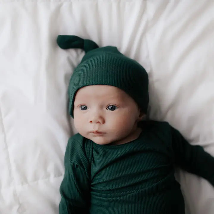 Forest Green Ribbed Knotted Newborn Gown and Hat