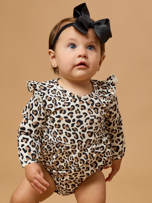 Long Sleeve Flutter Bubble Romper- Classic Leopard