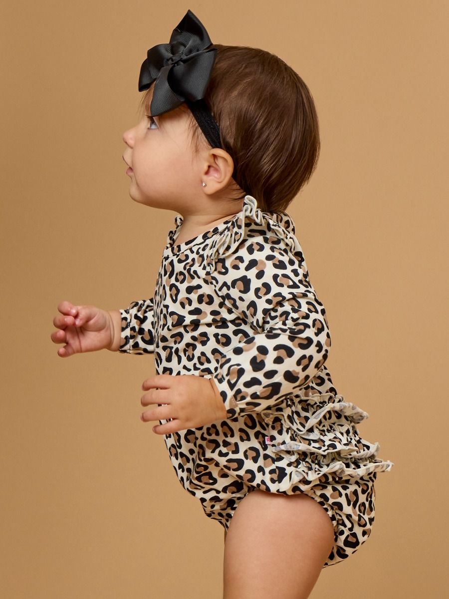Long Sleeve Flutter Bubble Romper- Classic Leopard