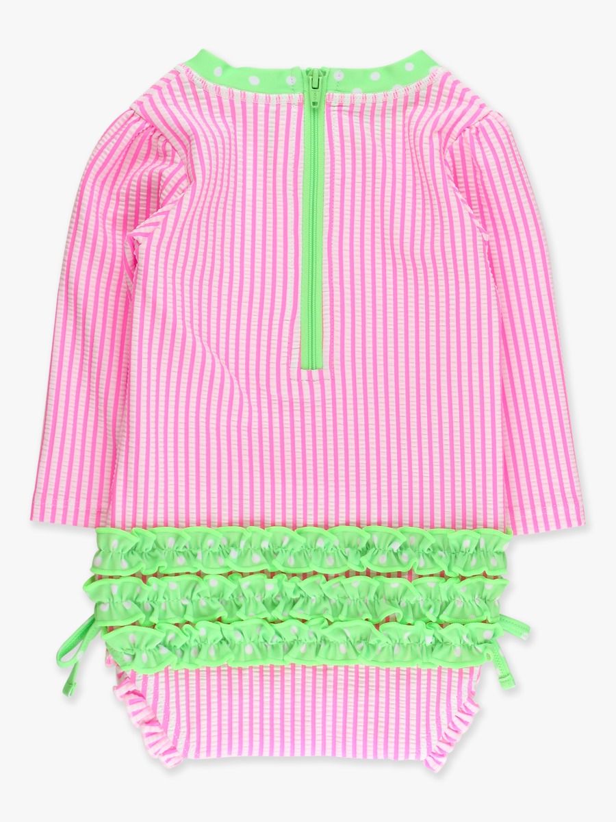 Neon Pink Seersucker One Piece W/ Rash Guard