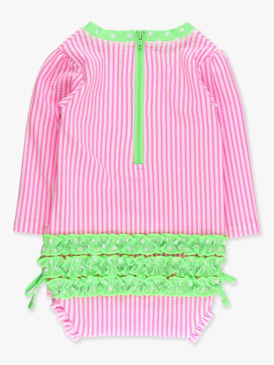 Neon Pink Seersucker One Piece W/ Rash Guard