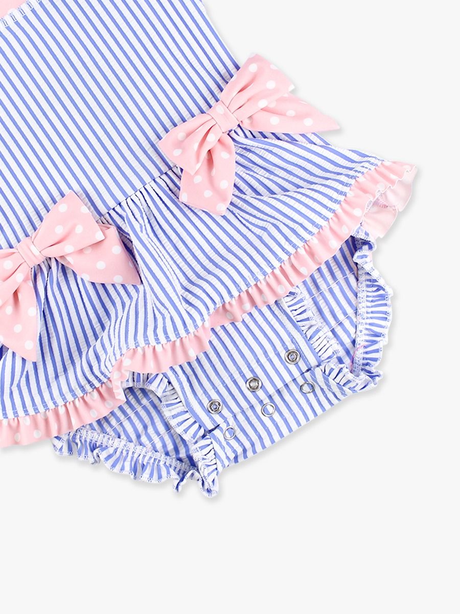 Periwinkle Blue Seersucker One Piece Bow W/ Rash Guard W/Signature Rear Ruffle