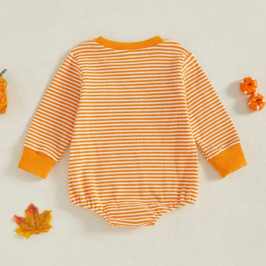 Halloween Pumpkin Embroidery Striped Romper