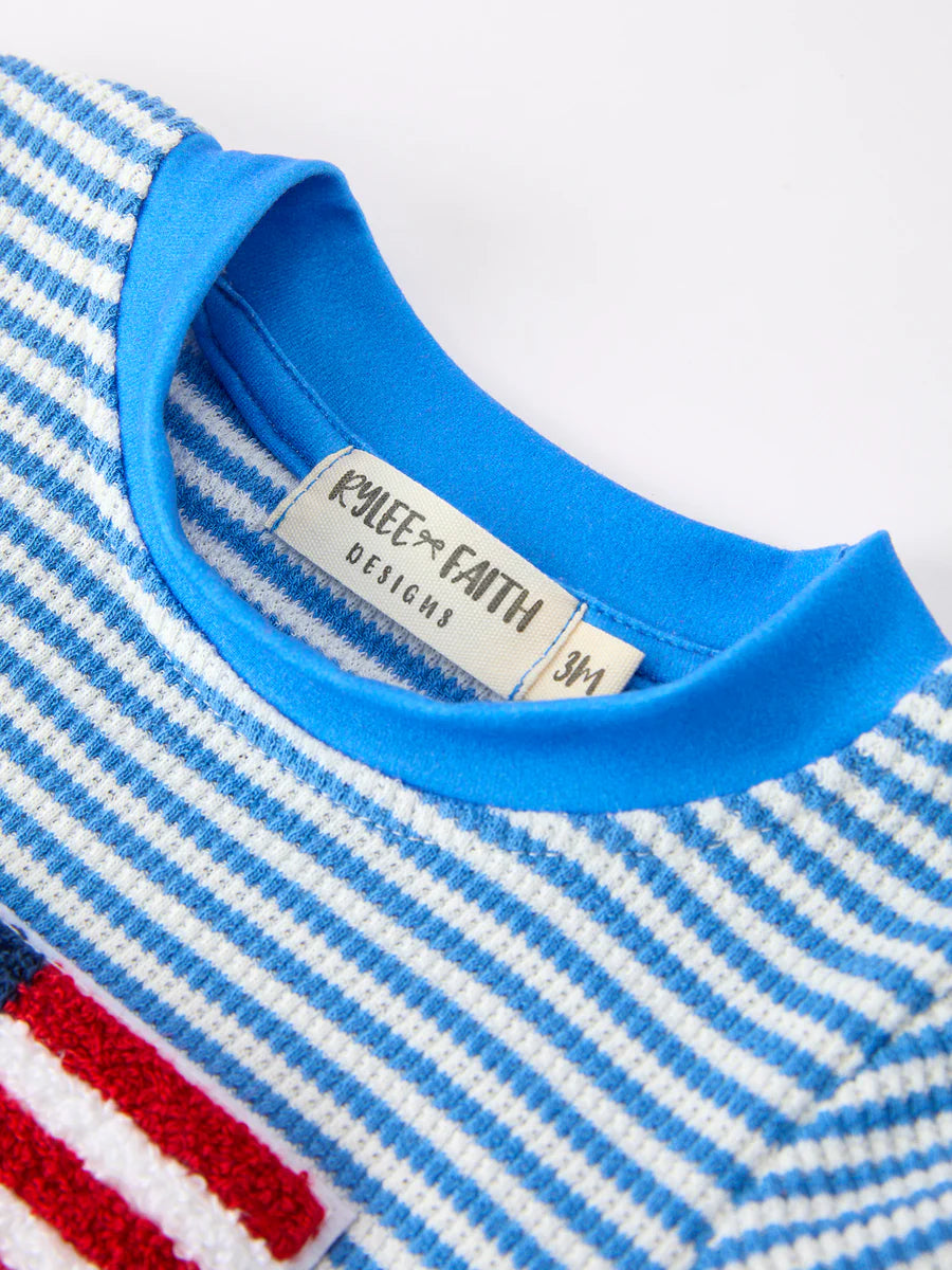 4th Of July Flag Chenille Blue Stripe Romper