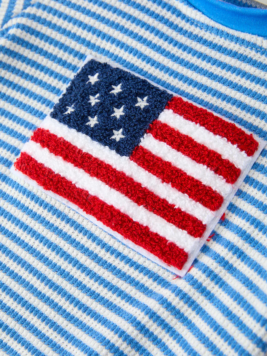 4th Of July Flag Chenille Blue Stripe Romper