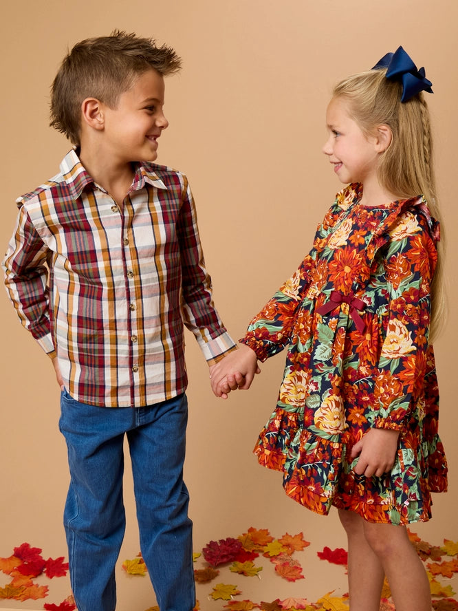 Autumn Blooms Long Sleeve Waterfall Bow Dress