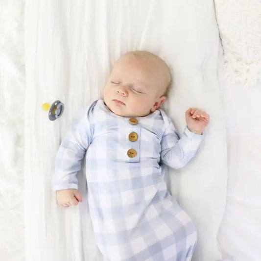 Dusty Blue Gingham Newborn Baby Knot Gown & Hat