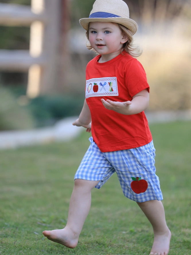 Pencil Apple Applique Plaid Shorts Set
