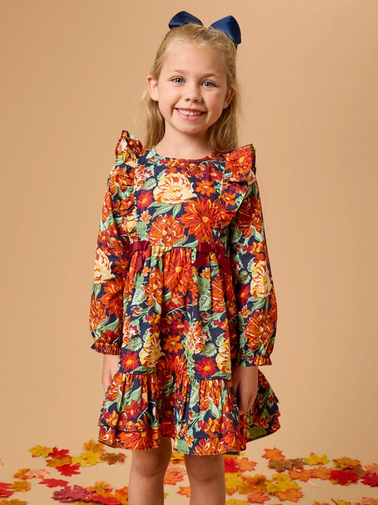 Autumn Blooms Long Sleeve Waterfall Bow Dress