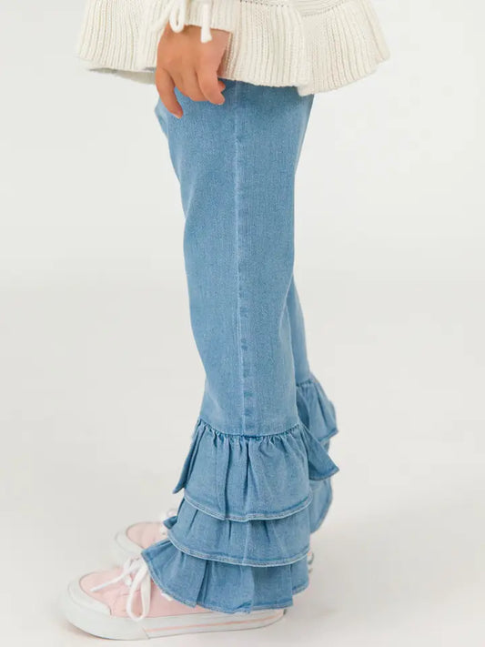 Girls Light Wash Denim Ruffle Flare Pants - Rear Ruffles