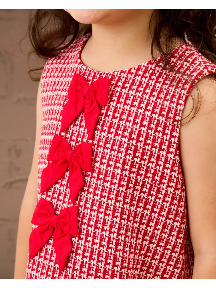 Red Shimmer Tweed Sleeveless Bow Fur Dress