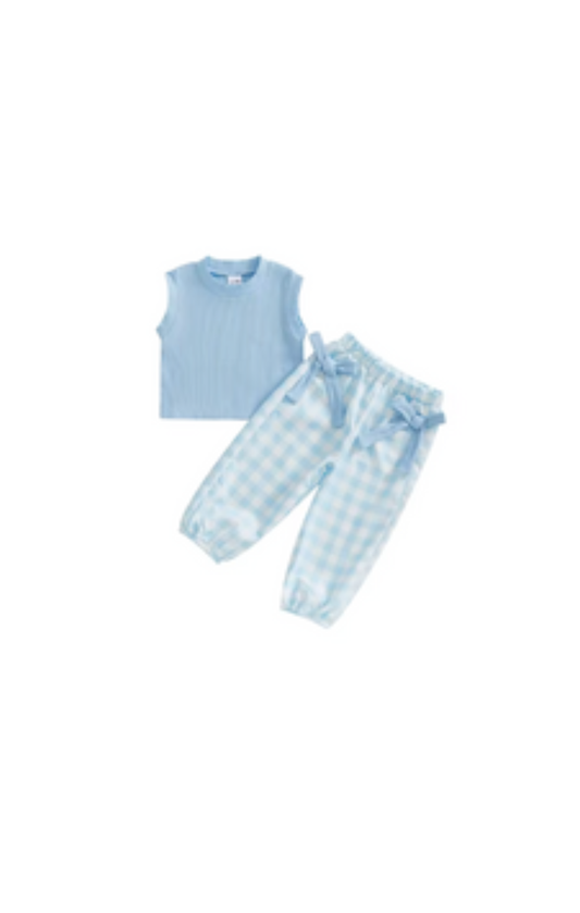 Blue Top and Plaid Pant Set