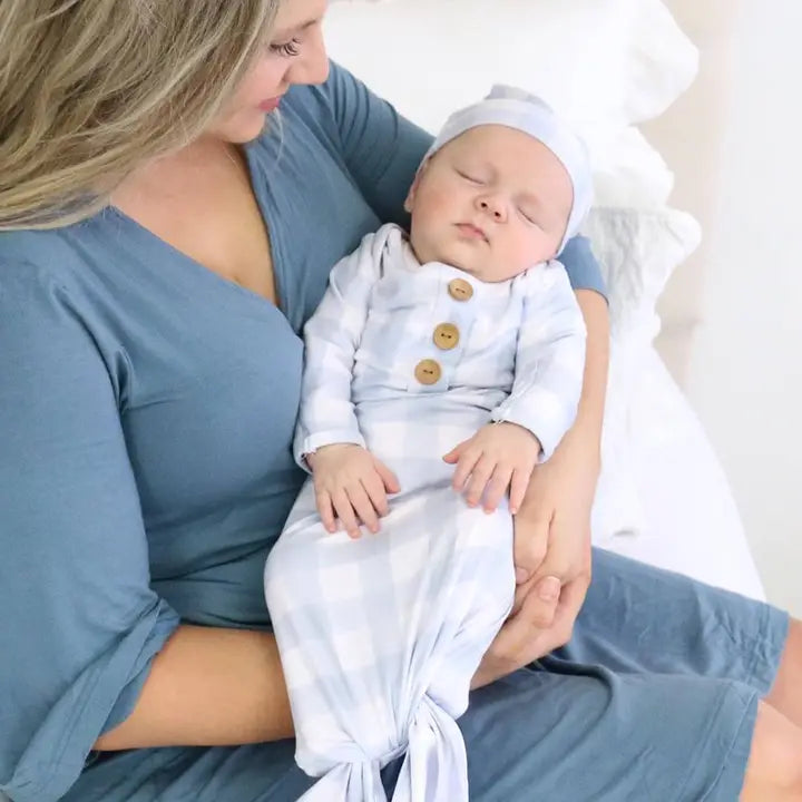 Dusty Blue Gingham Newborn Baby Knot Gown & Hat