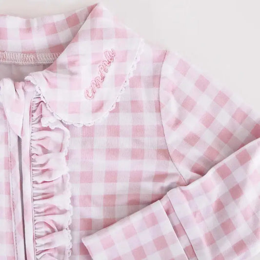 Peter Pan Rosy Gingham Collar Ruffle Zipper Footie