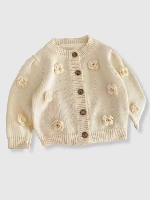 100% Cotton Cream Knit Sweater Cardigan With Floral Detail