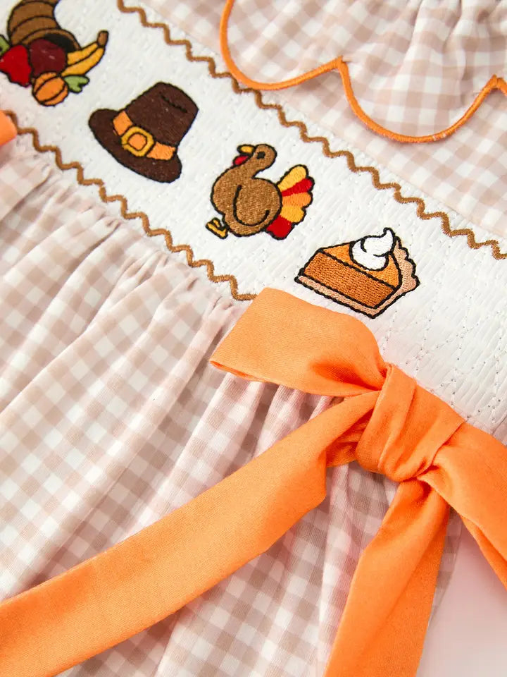 Thanksgiving Turkey Pumpkin Pie Smocked Dress