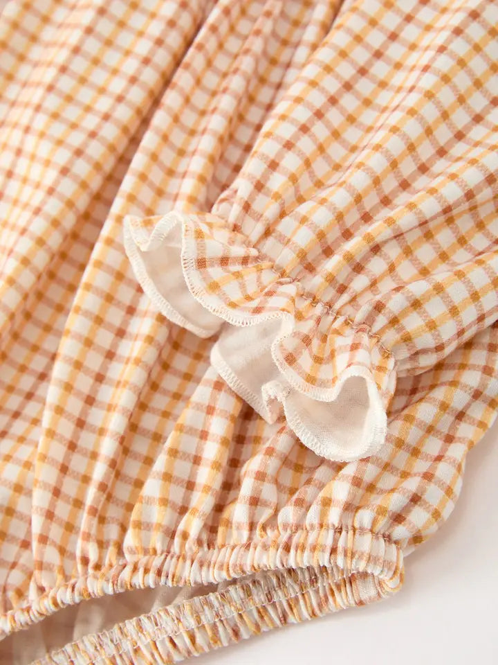 Fall Girls Orange Plaid Floral Collar Bubble Romper