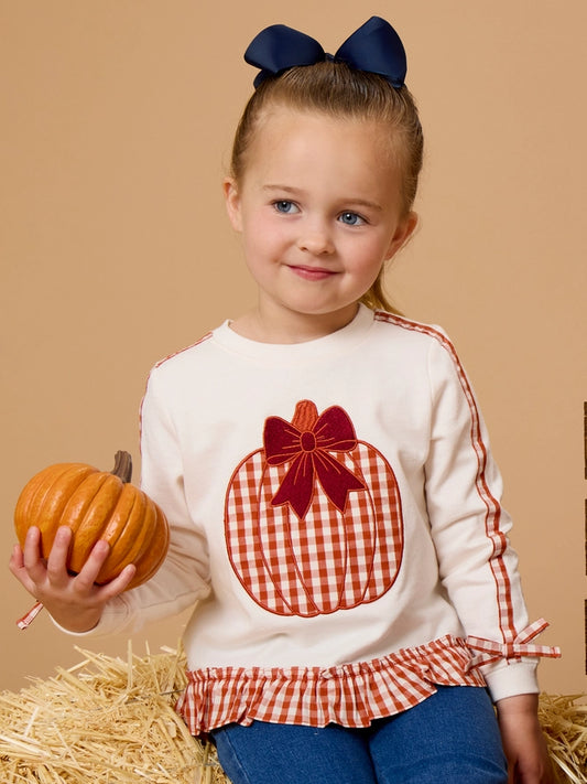 Pumpkin Bow Ivory Applique Ruffle Bow Sweatshirt
