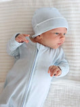 Load image into Gallery viewer, Picot Trim Baby Blue Zipper Footie
