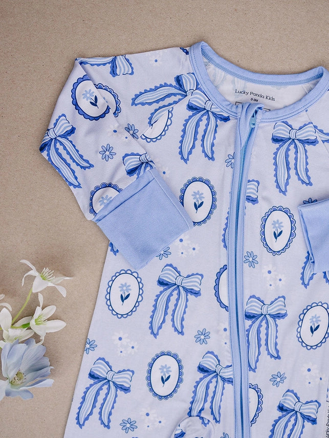 Blue Bow Bamboo Zip Romper
