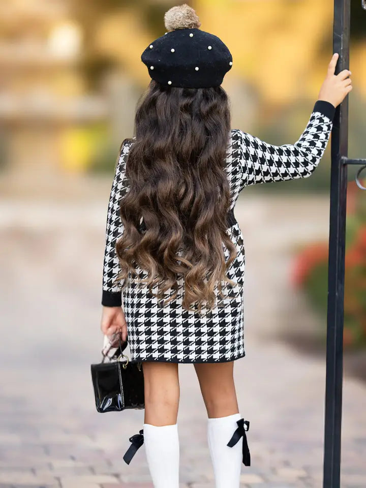 Elegant Houndstooth Gold Trim Button Knit Dress