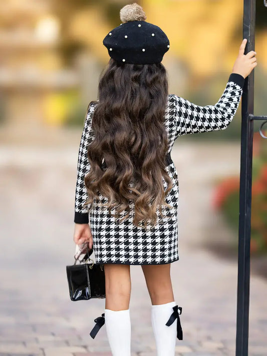 Elegant Houndstooth Gold Trim Button Knit Dress