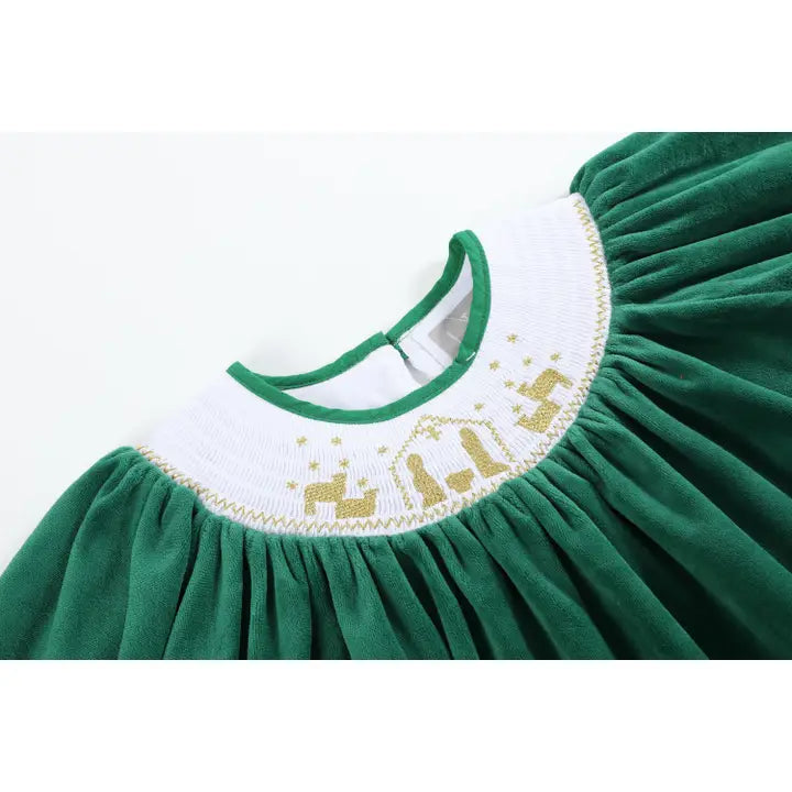 Green Velour Nativity Smocked Dress