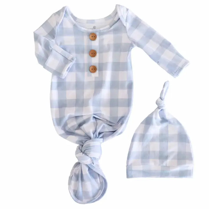 Dusty Blue Gingham Newborn Baby Knot Gown & Hat