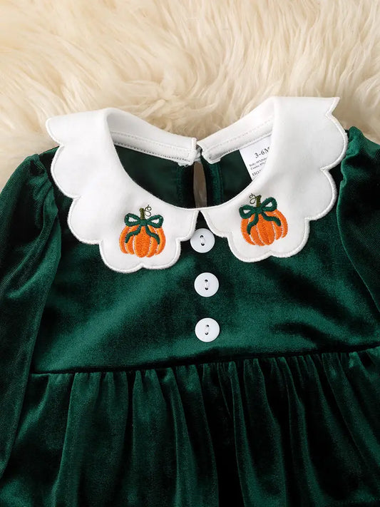 Fall Green Velvety Baby Onesie With Embroidered Details