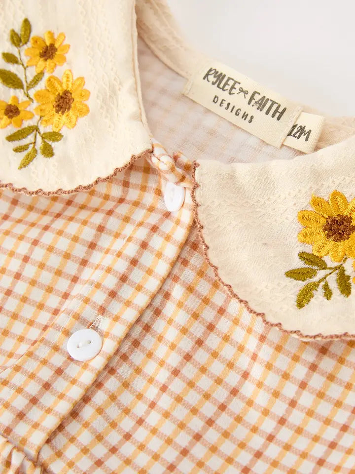 Fall Girls Orange Plaid Floral Collar Bubble Romper