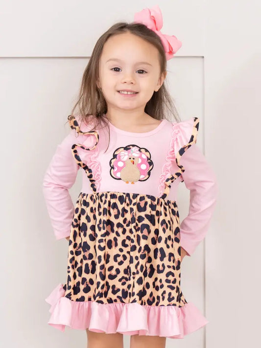Pink Leopard Turkey Ruffle Dress