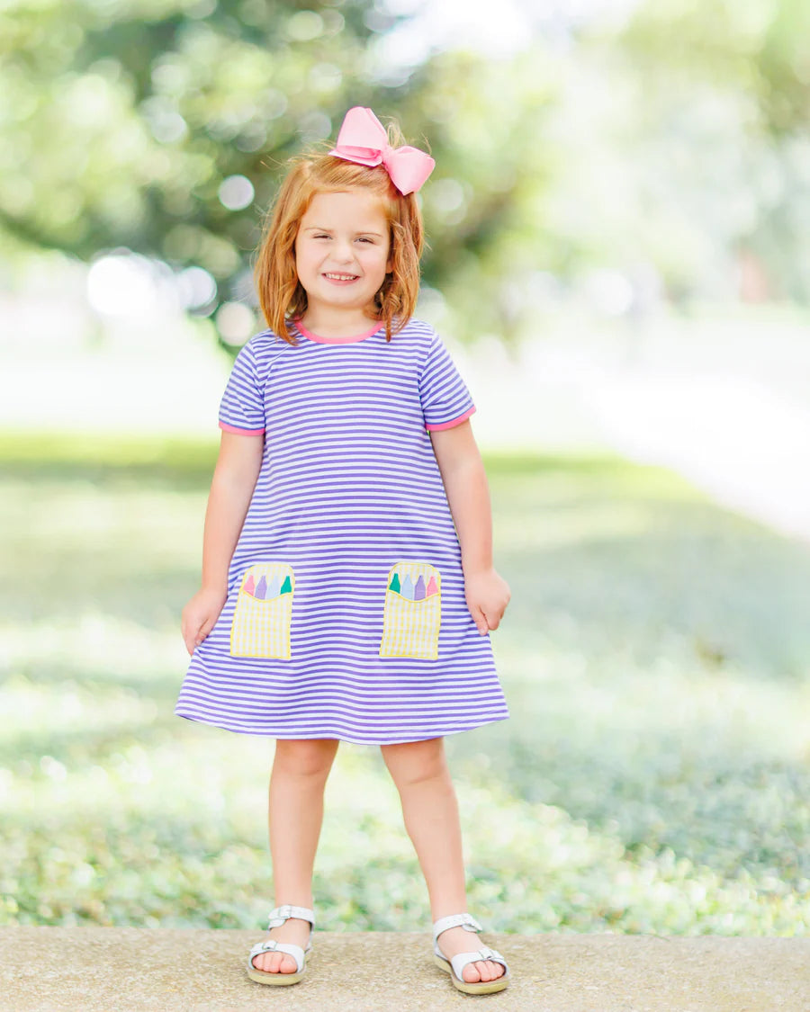 Crayon Pocket Dress - Lavender Stripes