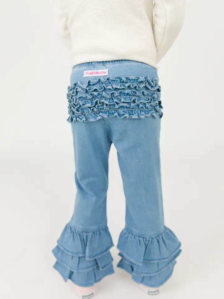 Girls Light Wash Denim Ruffle Flare Pants - Rear Ruffles